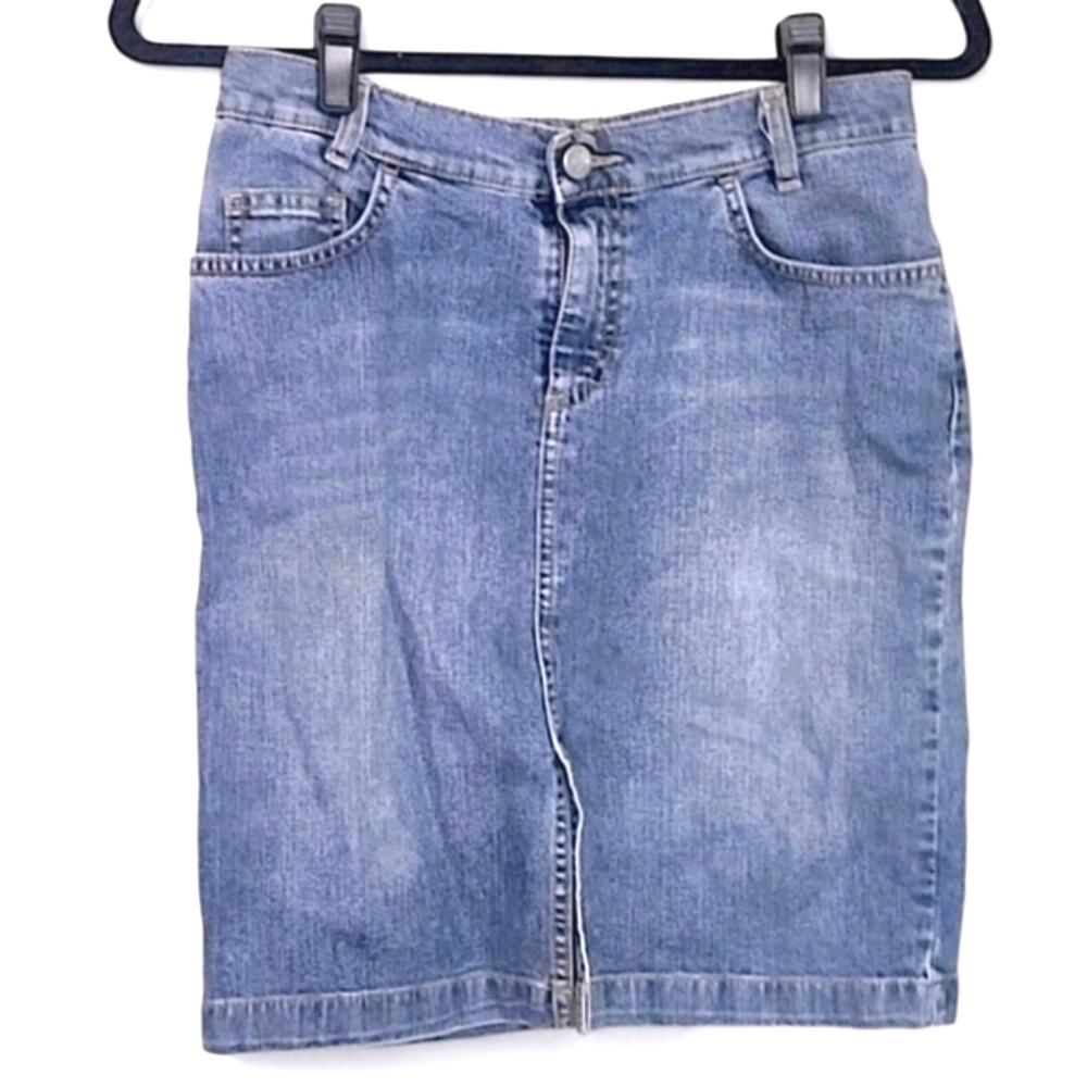 Lacoste Denim Mini Skirt 90s Style Blue Croc Logo Embroidery Size 34